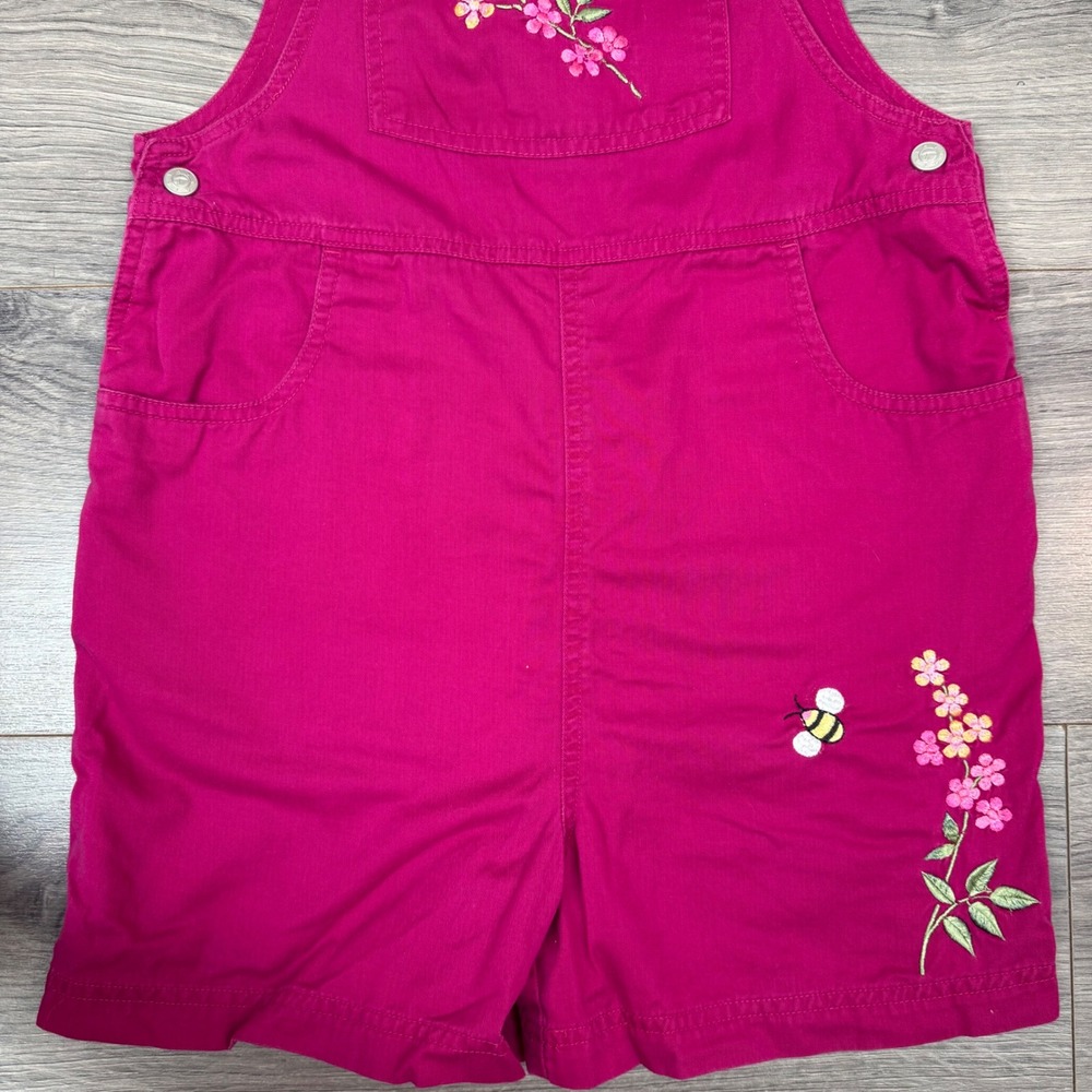 Vintage Talbots Kids Magenta Floral Bee Embroidered Cotton Overalls Romper 8 - Picture 3 of 9